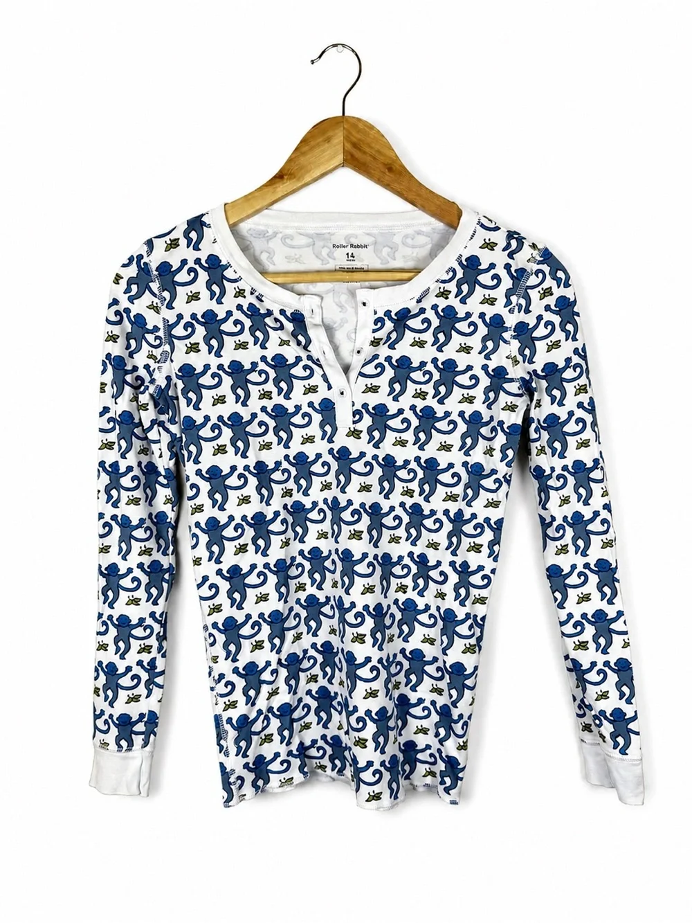 Roller Rabbit Kids Blue Monkey Print Pajama Top Long Sleeve Size 14